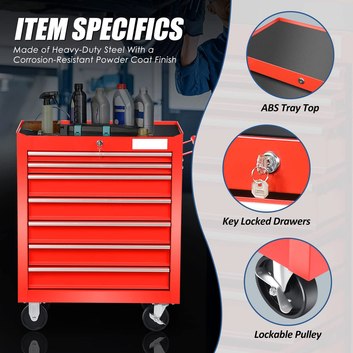 Universal Large Load Capacity Plastic Top Roller Rolling Tool Chest Cabinet with Key Lock and Wheels, 7-Drawers