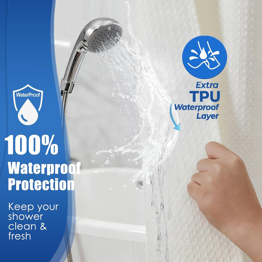Waterproof No Hooks Waffle Shower Curtain, 260GSM Heavy Duty Fabric, with 10 Durable Split Grommets, Luxury Hotel Spa