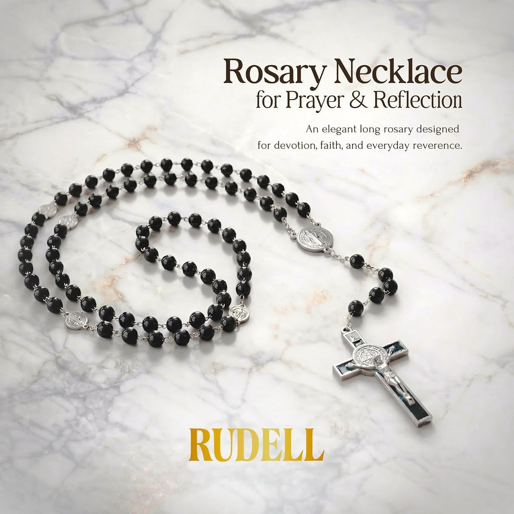 Rosary Beads Catholic for Women - Rosary Necklace for Women with Pearl Beads - Medal Cross Saint Benedict Rosary for