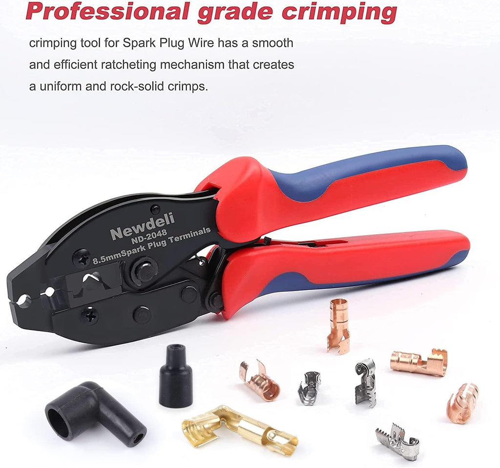 Ratchet Spark Plug Wire Crimper Set, Newdeli 25Pcs Spark Plug Crimping Tool and 180 Degree/90 Degree/Straight Spark Plug Coil Terminals Boots Set for Crimping and Stripping Spark Plug Ignition Wire