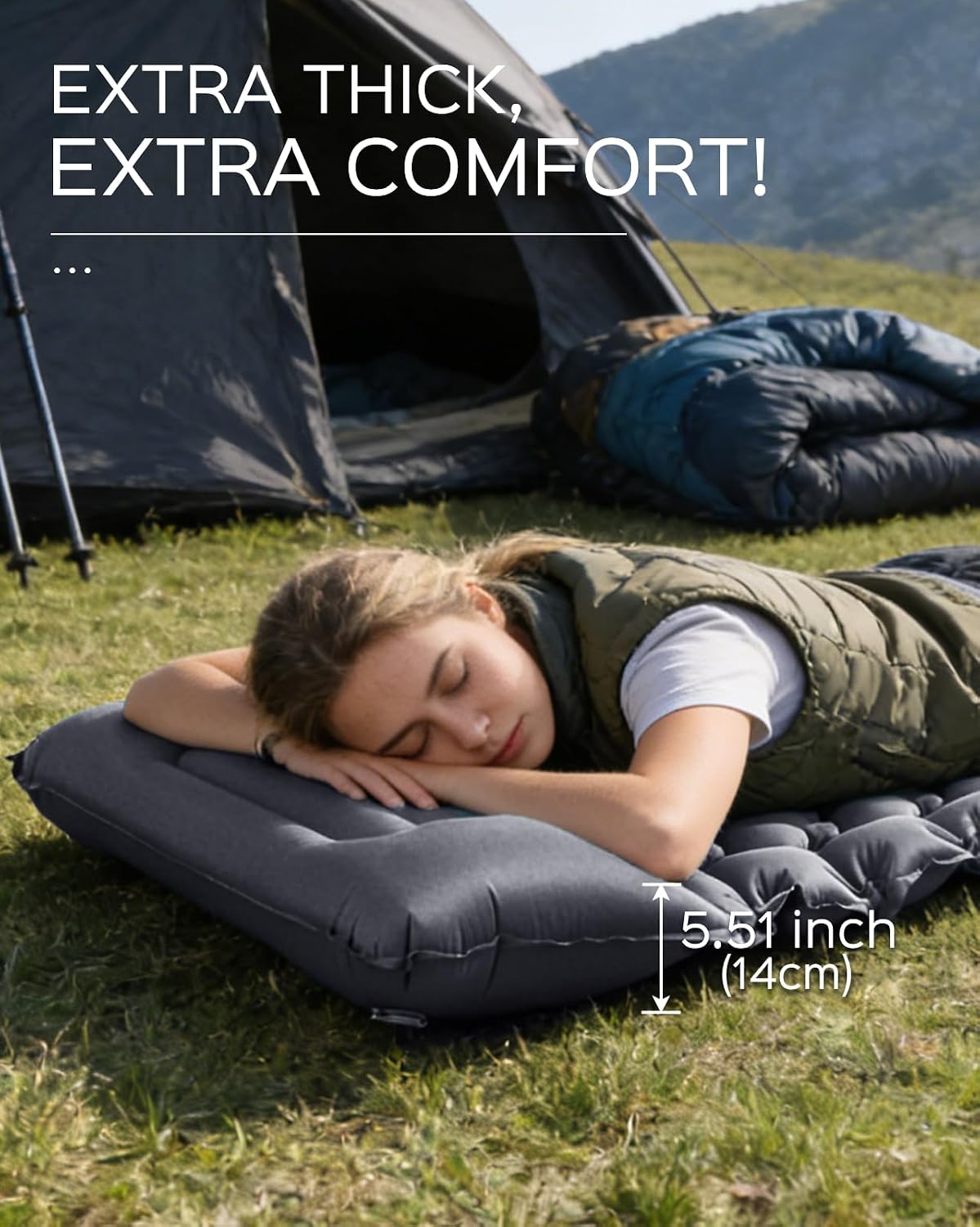 Sleeping Pad, 3.9" Thick Inflatable Mattress with Pillow&Pump | Built-in Pump, Quick Inflate, Button Design Connects