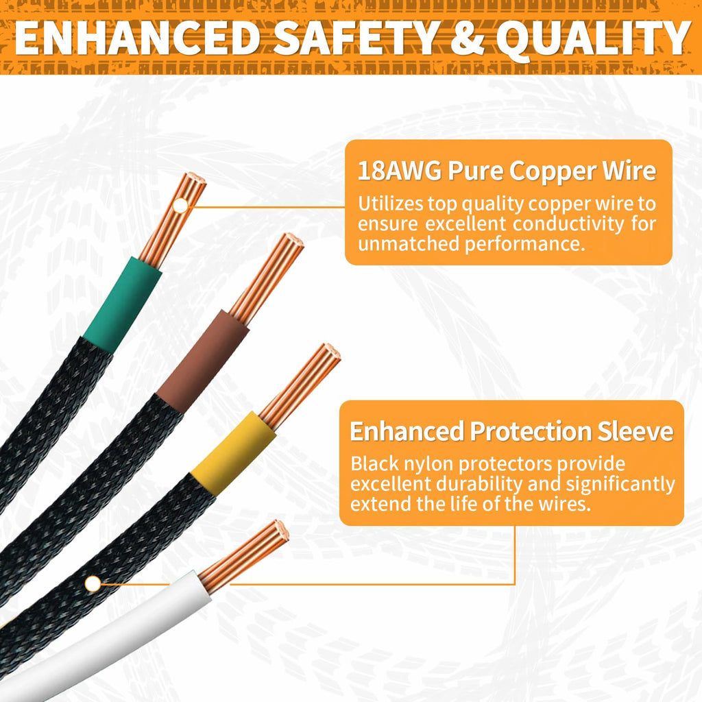 25Ft 4 Pin 5 Way Trailer Wiring Harness Kit with Black Nylon Protective Sleeve, Quick-Connect 4 Pin Flat Extension