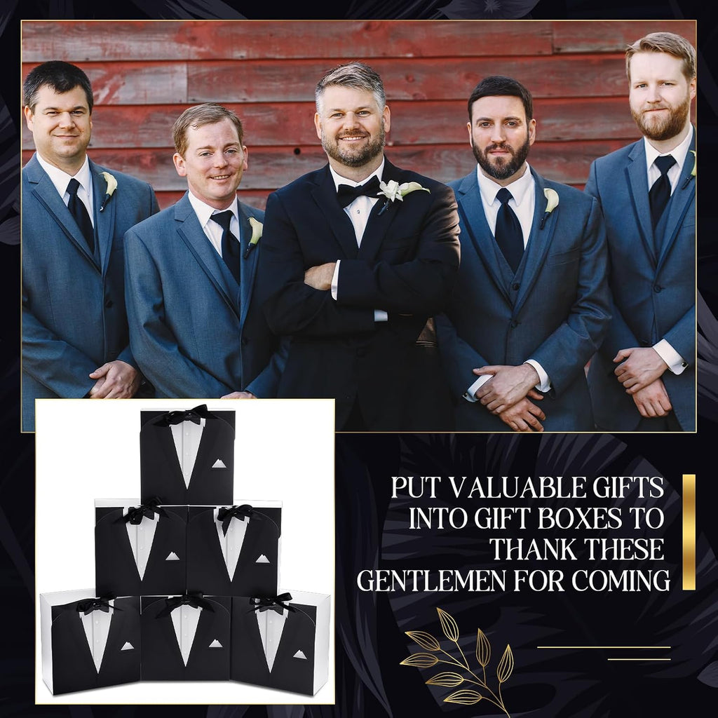 6 Groomsmen Gift Box Tuxedo Desian with Ribbon, Black