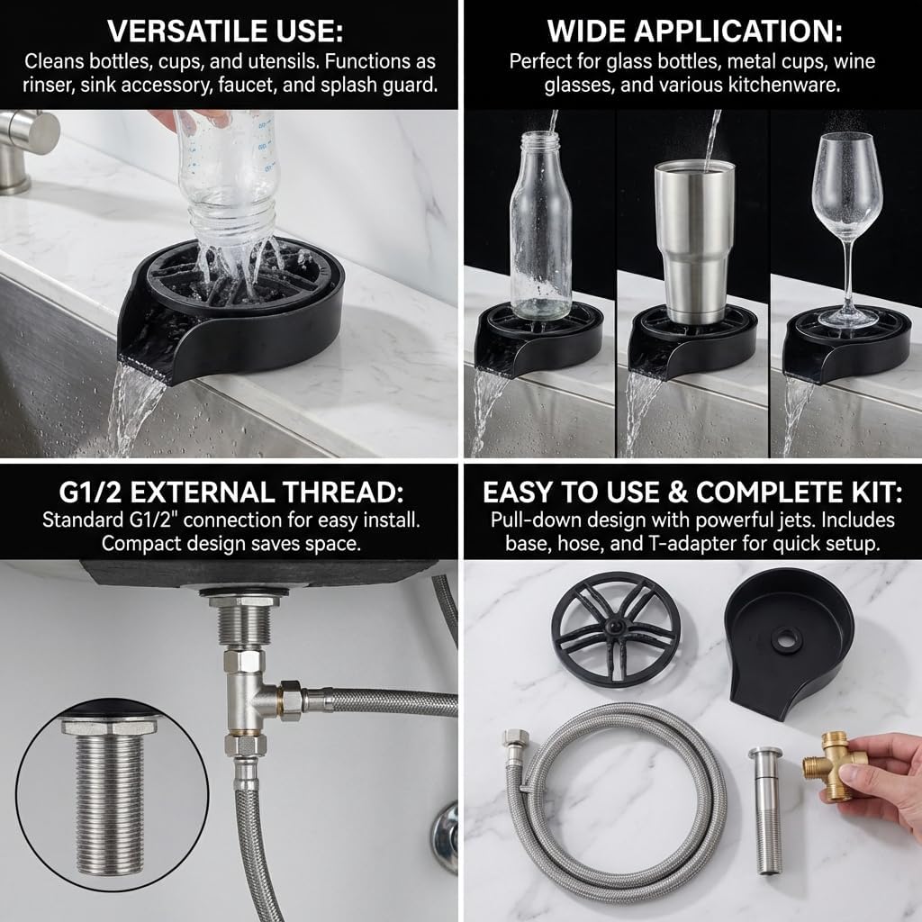 Automatic Glass Washer Cup Rinser, 360 Degree Rotating Spout Sink Accessory Stainless Steel Bottle Washer for