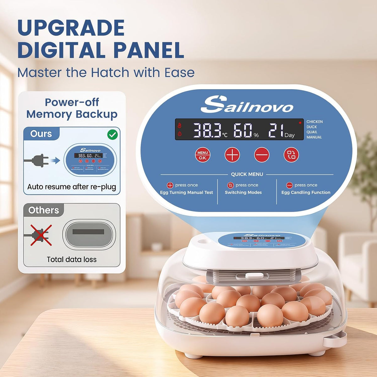 24 Eggs Incubator, 4 Modes, Temp Control & Humidity Display, Azure