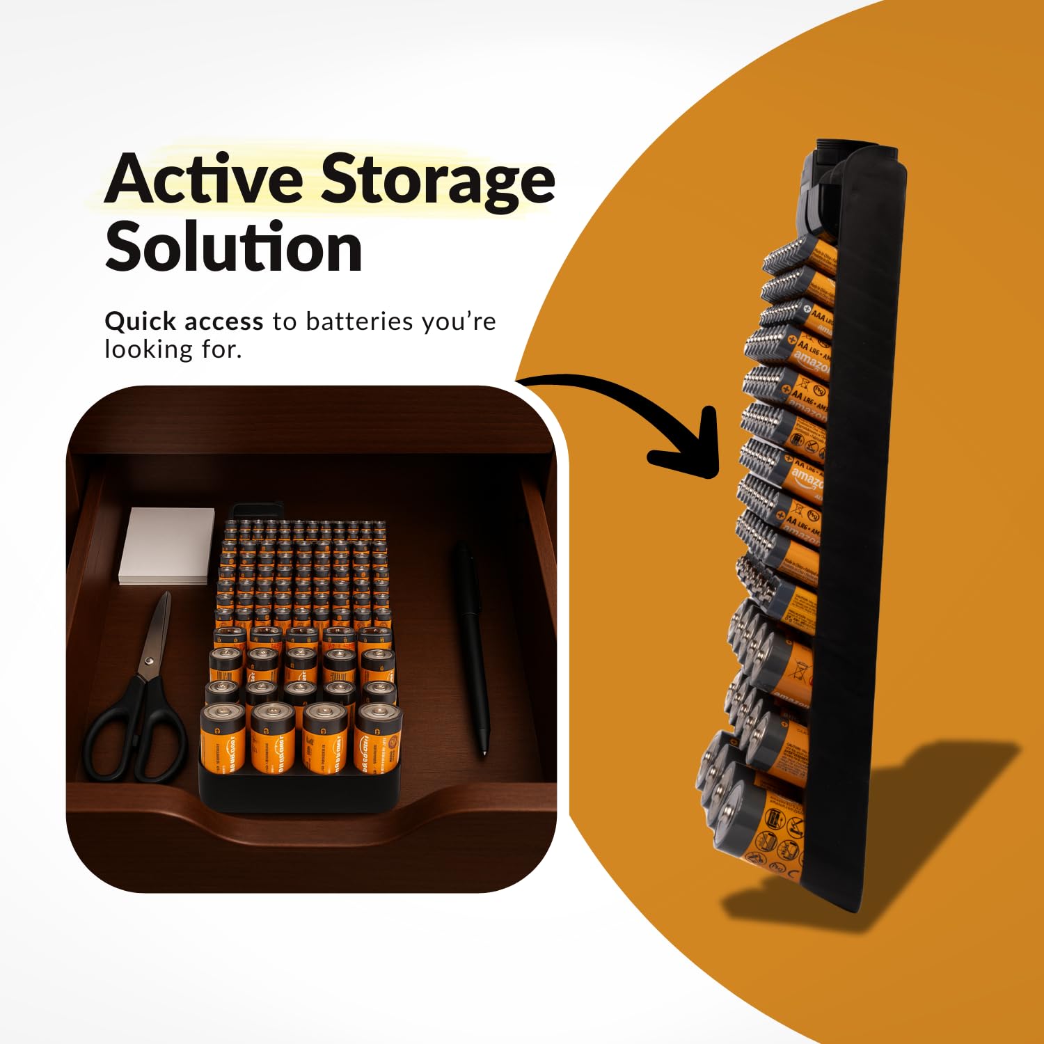 Battery Organizer w/Tester for AA, AAA, 9V, C, D, Button Batteries | Wall or Drawer Battery Storage Box with Tester