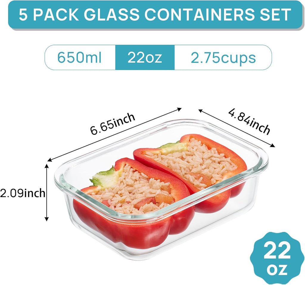 5Pack 22oz Glass Storage Containers with Lids, Glass Meal Prep Food Container Sets with Snap Airtight Lid for