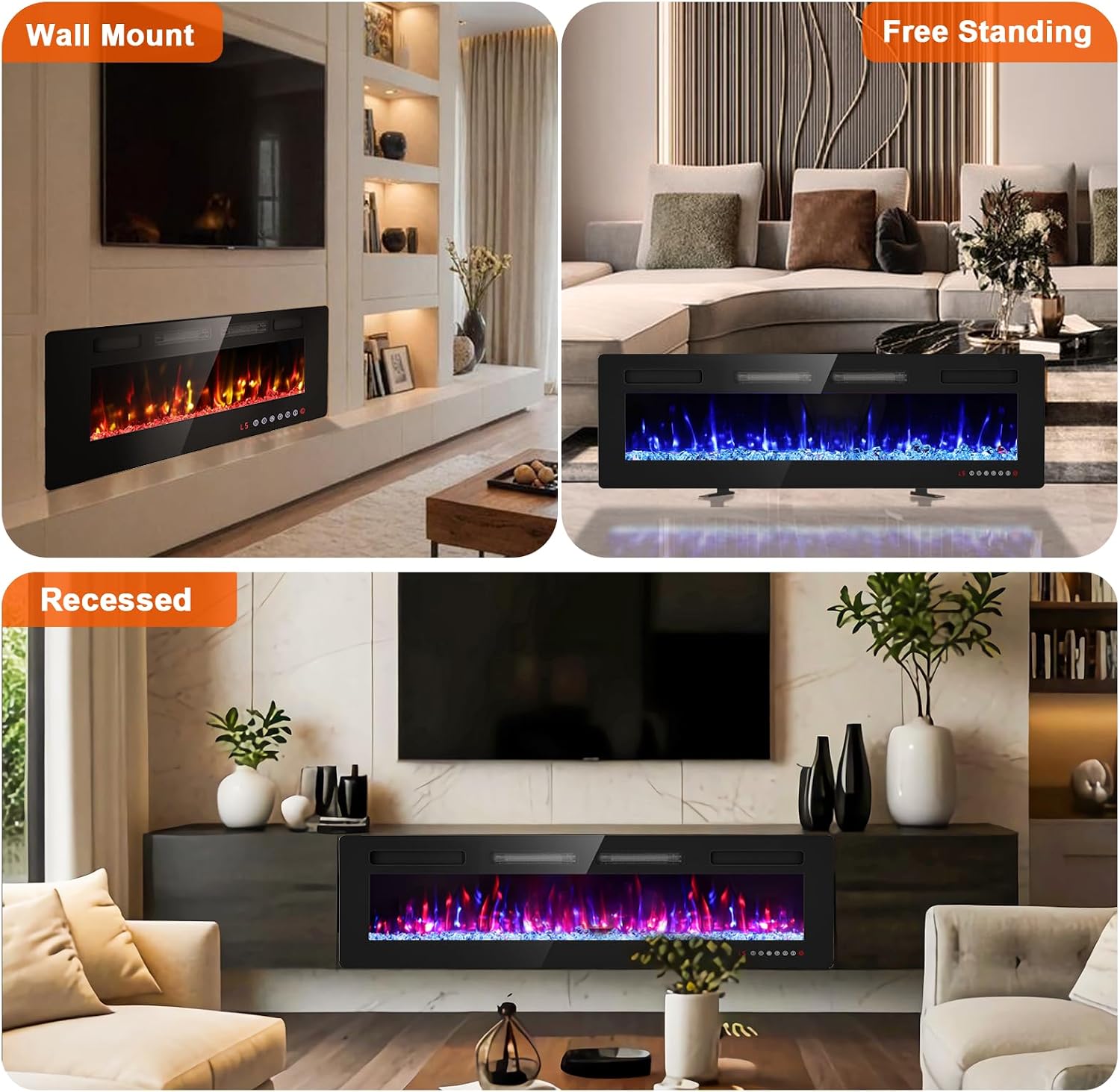 60" Electric Fireplace Recessed Wall Mounted, Ultra Thin Linear Fireplace Inserts,12 Flame Colors, Timer, Remote &