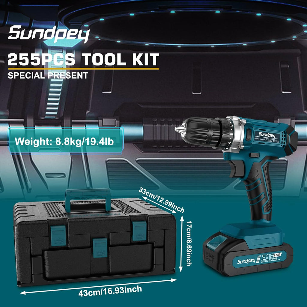 Tool Kit with 21V Cordless Drill - Sundpey 255-PCs Portable Complete General Basic Home and Auto Repair Tool Set with