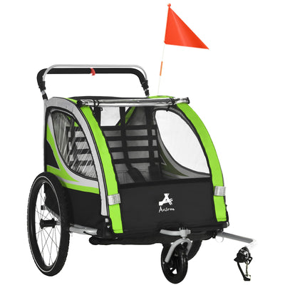 3-in-1 Walk/Jog/Ride Child Baby Bike Trailer for Kids 2 Seater Green