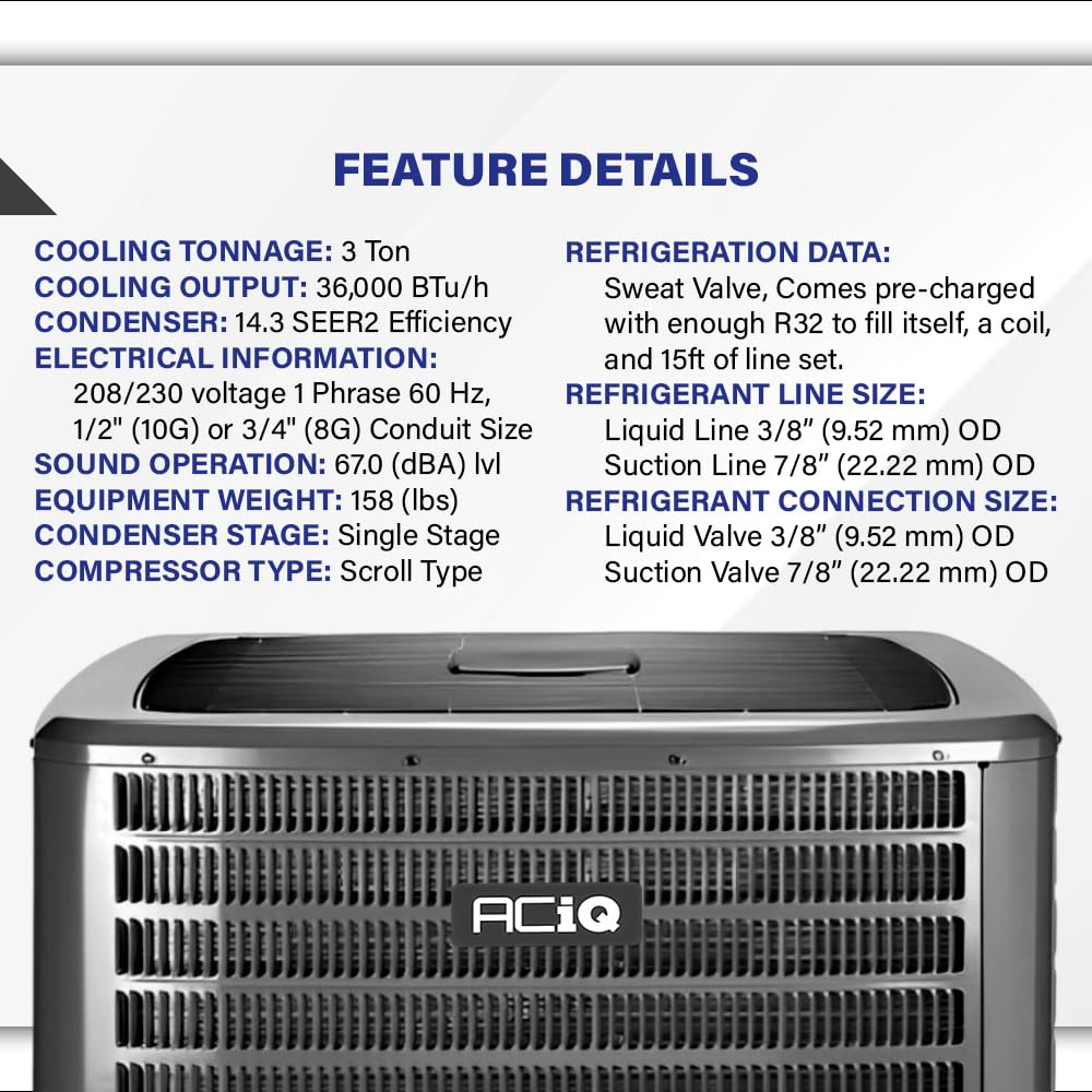 ACiQ 3 Ton AC 14.3 SEER2 Central Air Conditioner Condenser, R32 AC Unit