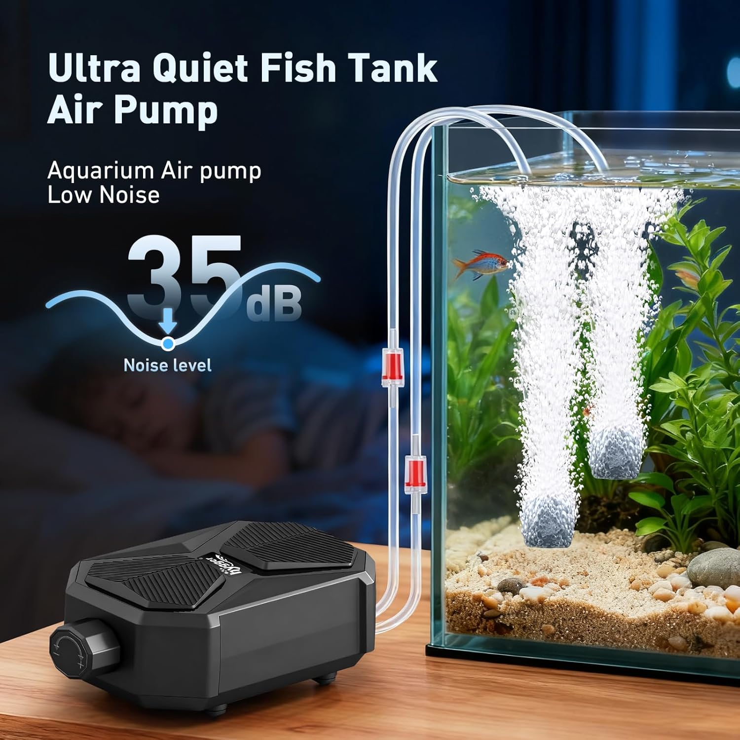 Aquarium Air Pump, Ultra Quiet Oxygen Aerator with Air Stone Airline Tubing Check Valve, Aquarium Fish Tank Air