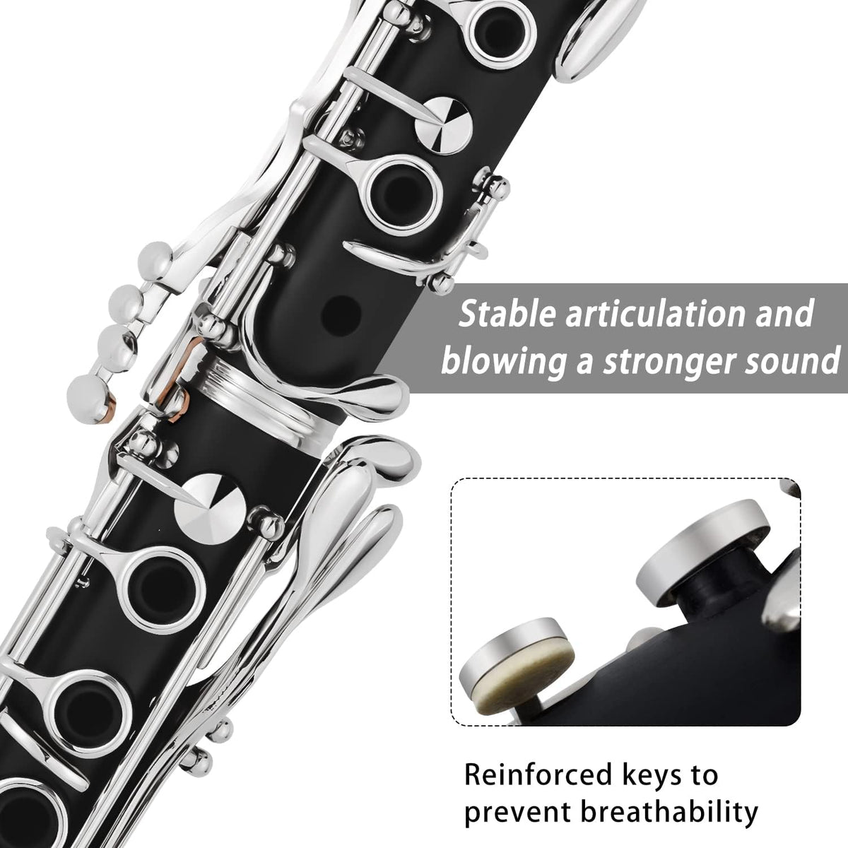 Bb Clarinet 17 Keys Flat B Clarinet for Beginners & Students Black | with Case,Stand,Strap,2 Barrels,8 Mouthpiece