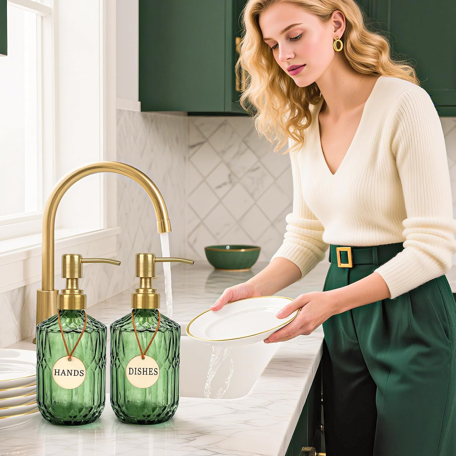 Green Glass Soap Dispenser (15.4 Oz, 2 Pack), Kitchen Hand and Dish Soap Dispenser Set with Golden Rust Proof Pump