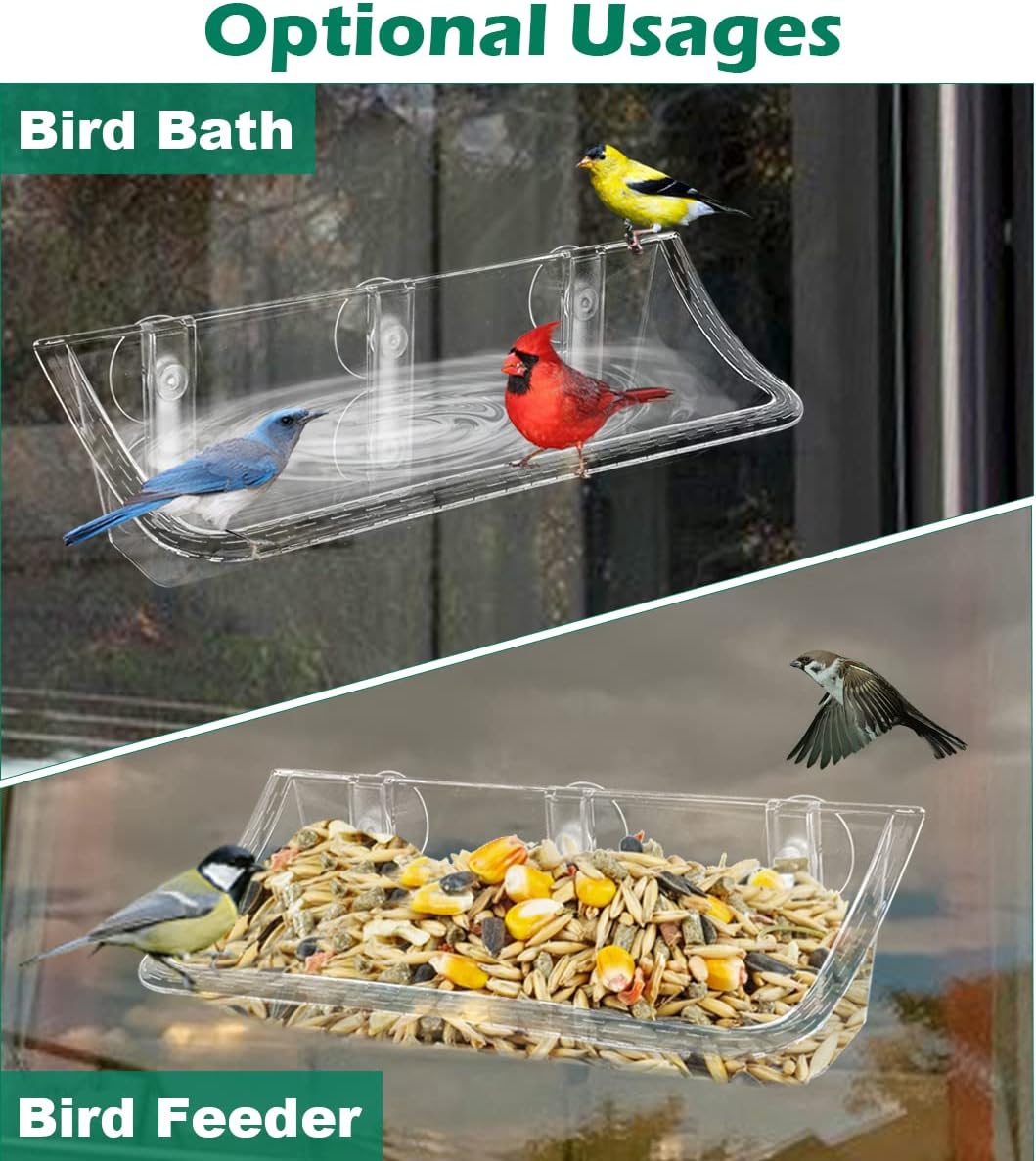 Clear Bird Bath Bird Feeder for Outside Window Glass, Transparent Birdbath with Strong Suction Cups for Viewing, Bird