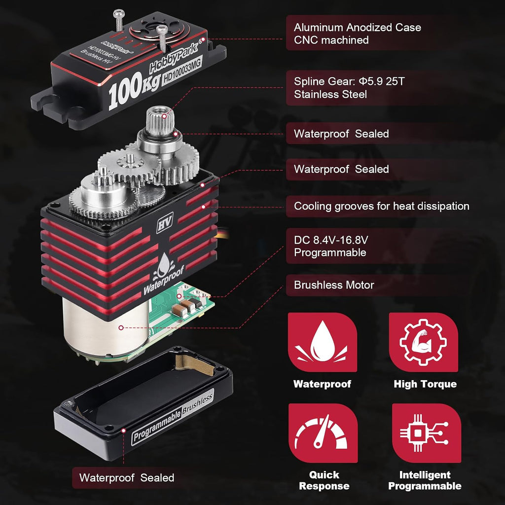 Waterproof 1380oz-in 100KG Servo 16.8V HV Servo High Torque Servo Brushless Motor Full Metal Gear RC Servo