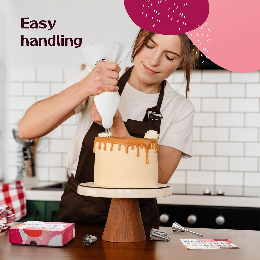 Cake Decorating Kit – Reusable 16" & 14" Cotton Piping Bags with 10 Large Stainless Steel Icing Tips – Durable