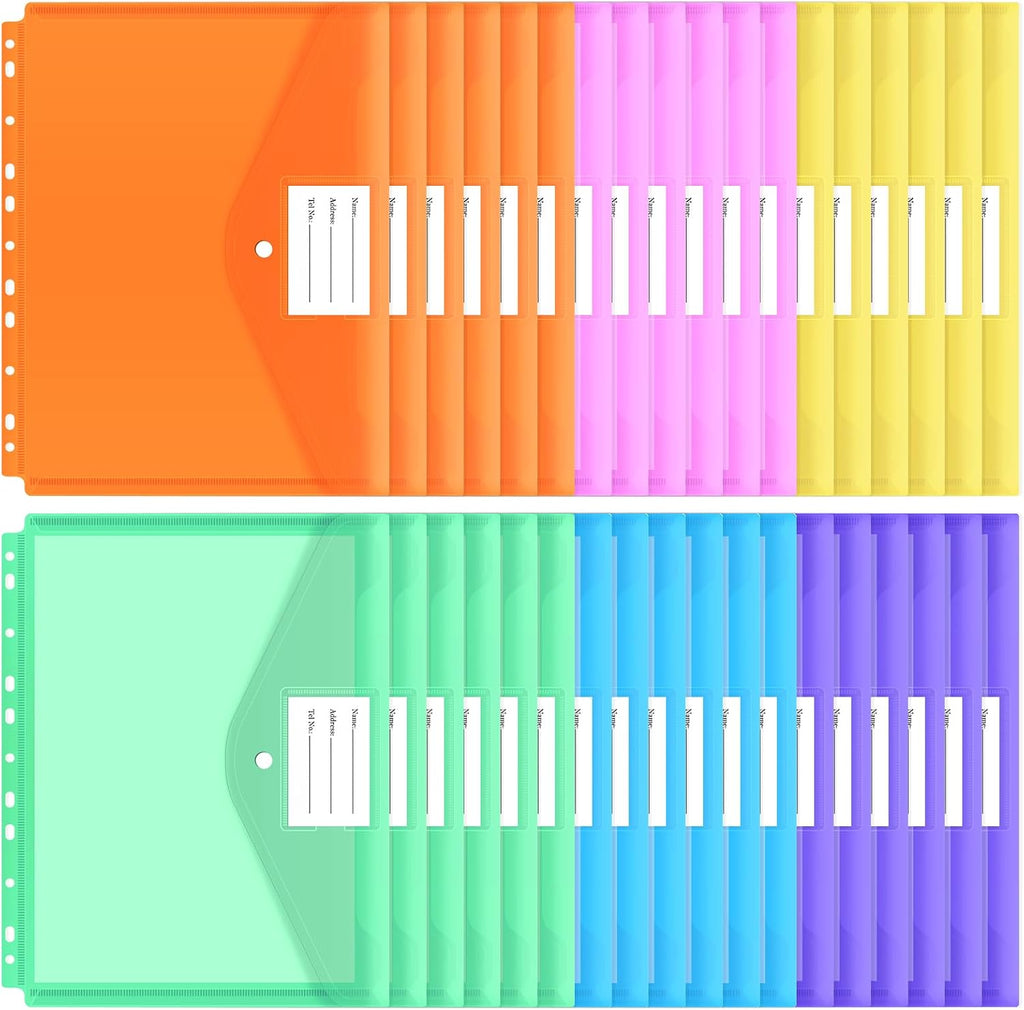 30pcs Binder Sleeves, Binder Pockets for 3 Ring, Binder Folders, 11 Holes, Letter Size, Snap Button Pouch with Label