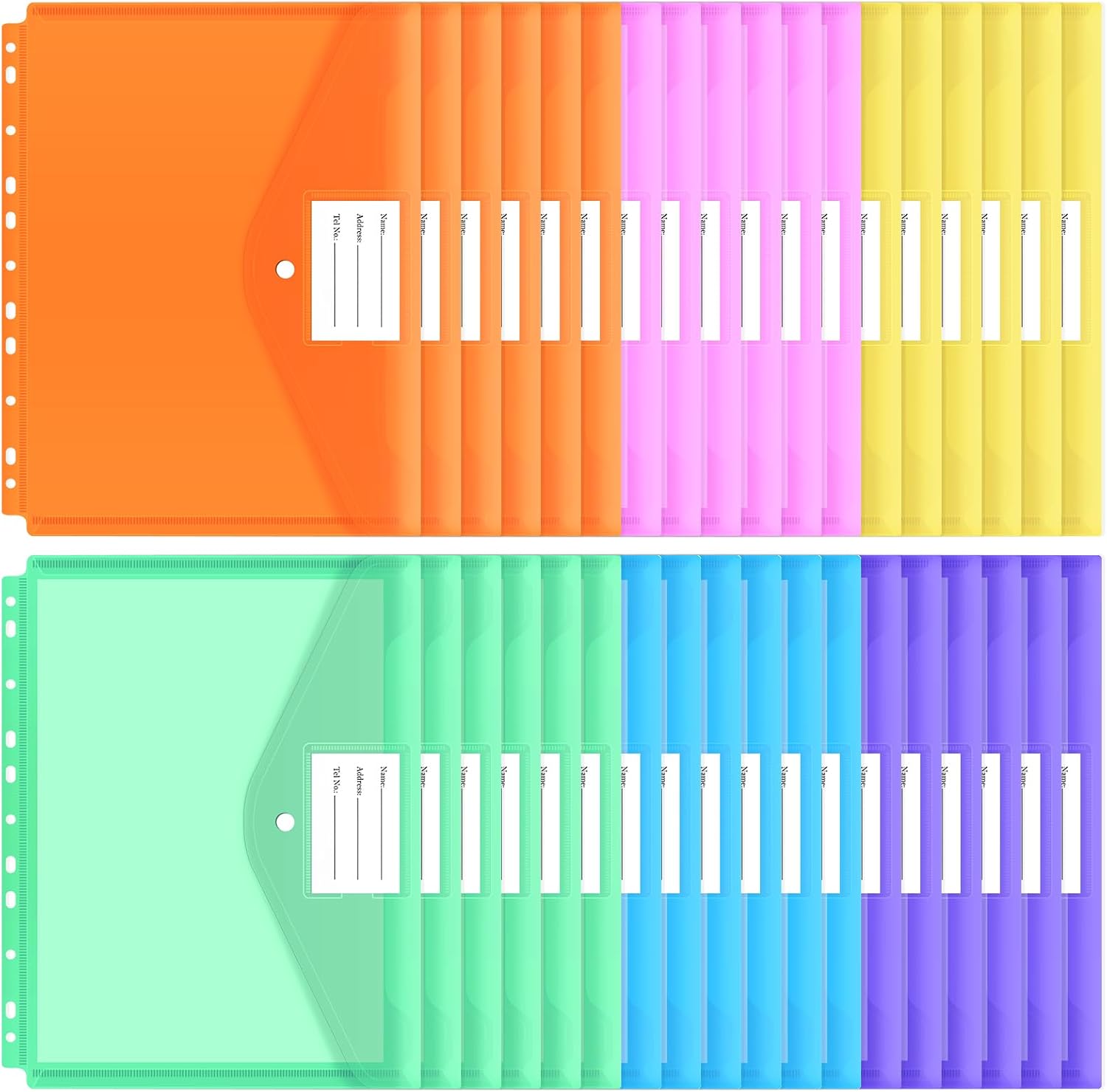 30pcs Binder Sleeves, Binder Pockets for 3 Ring, Binder Folders, 11 Holes, Letter Size, Snap Button Pouch with Label
