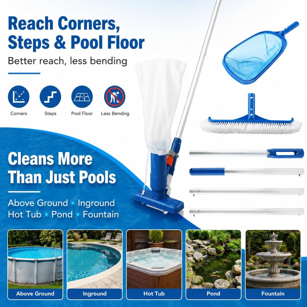 Pool Cleaning Kit for Above Ground Pools, Spa Jet Vacuum Cleaner with Skimmer Net & Pool Brush, 47-61 Inch Adjustable