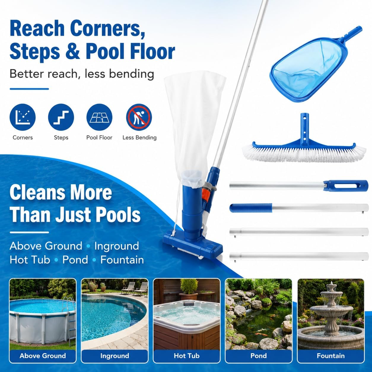 Pool Cleaning Kit for Above Ground Pools, Spa Jet Vacuum Cleaner with Skimmer Net & Pool Brush, 47-61 Inch Adjustable