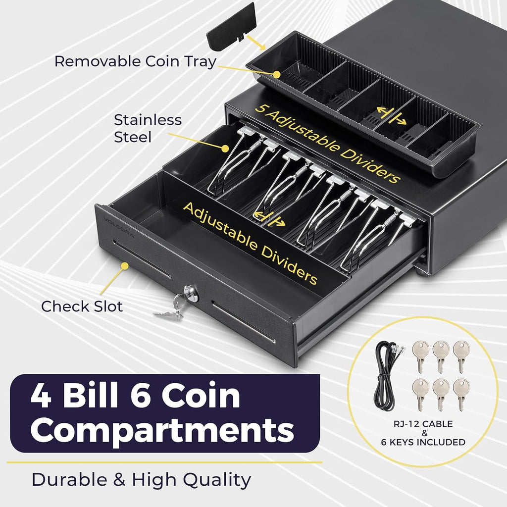 13" POS Cash Register Drawer, 4 Bill 6 Coin Tray, Removable Coin Compartment, 12-24V RJ11/RJ12 Key-Lock, Media Slot