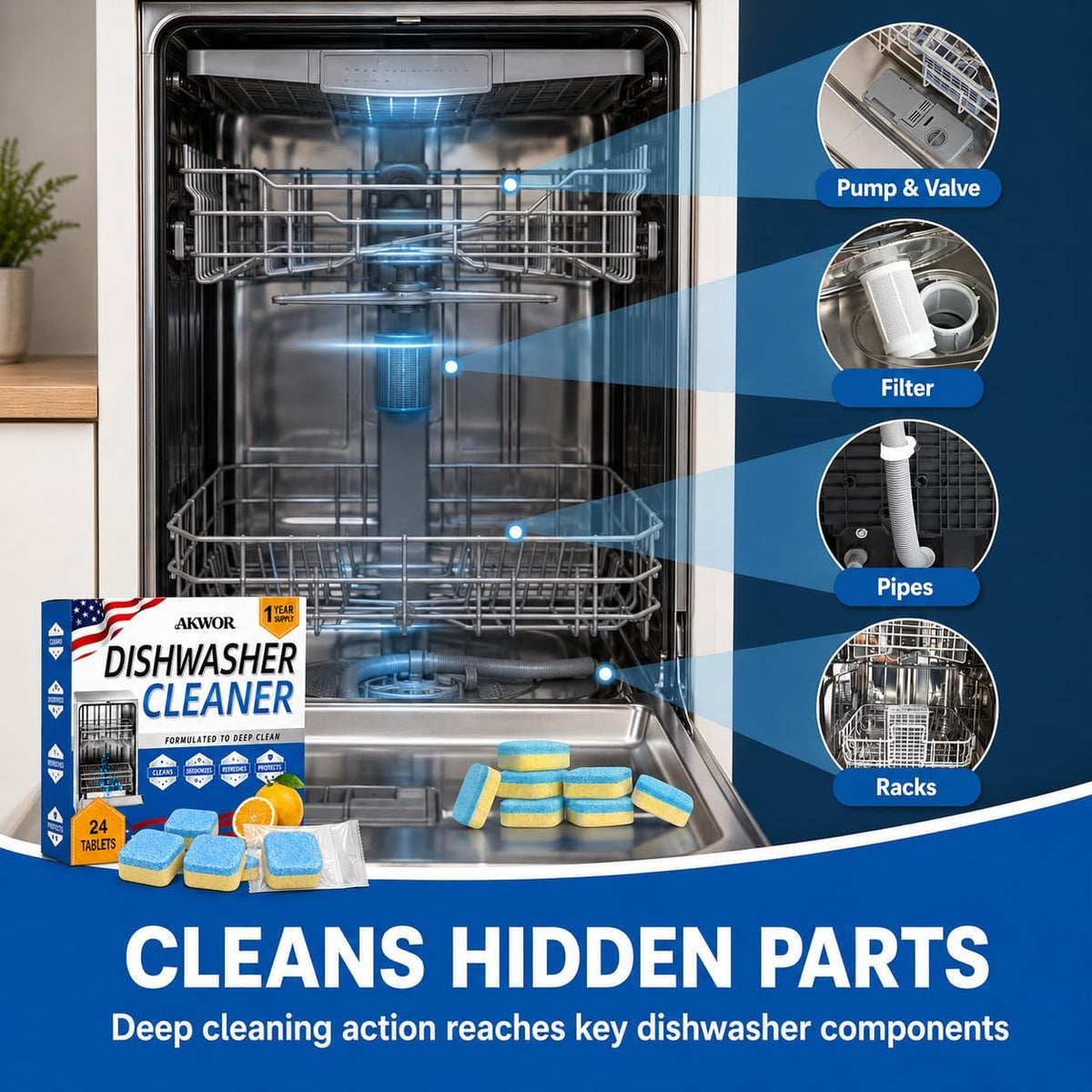 Enzyme Dishwasher Cleaner Tablets Ultra, Eliminator Odor 24 Count