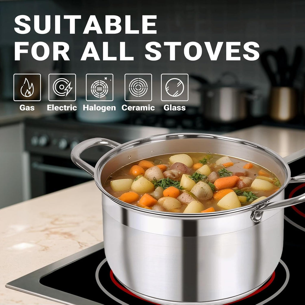 12 Quart Stainless Steel Heavy Duty Stock Pot with Visible Lid | Heavy Duty, Even Heat, Thick Nonstick Base, Deep