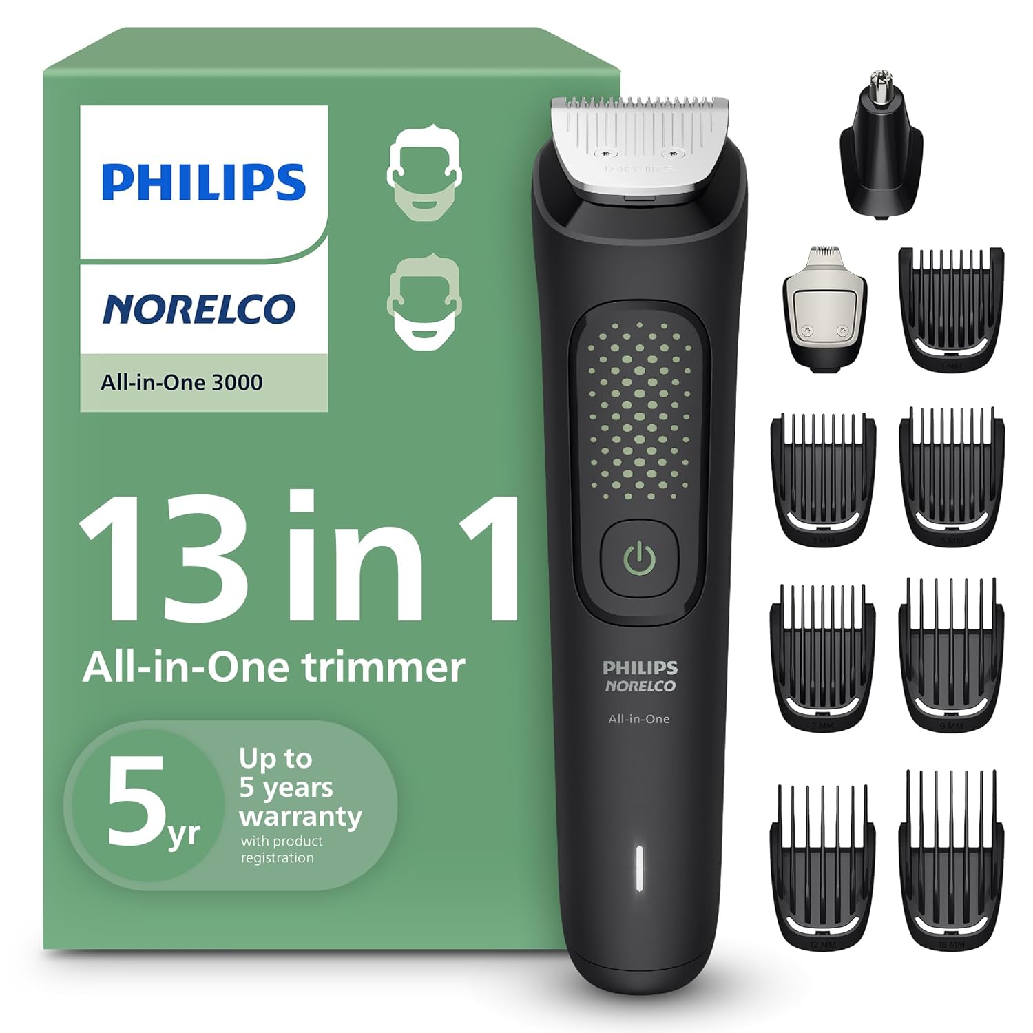 Philips All-in-One 3000 Series 13 in 1 Trimmer for Men, Beard Trimmer & Head Hair Clipper, Full Metal Self-Sharpening