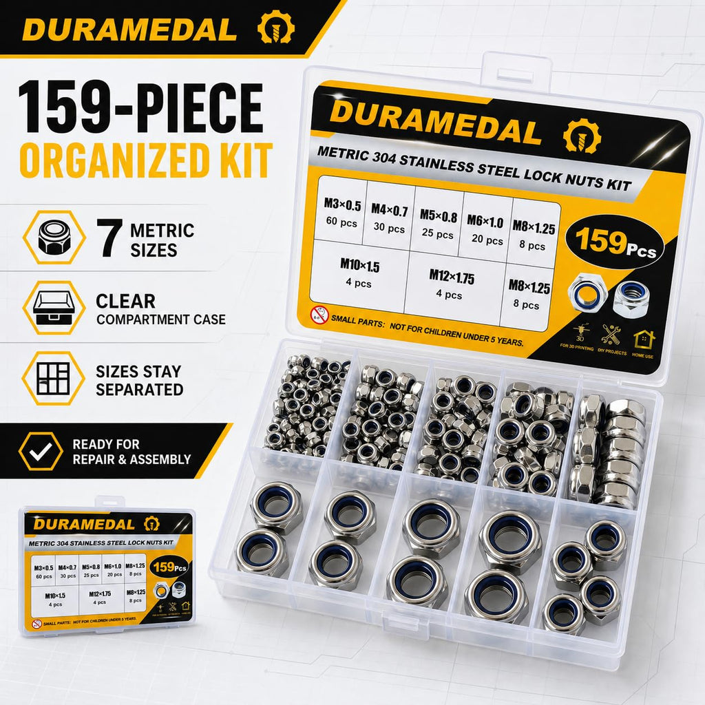 Metric Lock Nut Assortment Kit,159Pcs Stainless M3-M12 Nylock Nuts