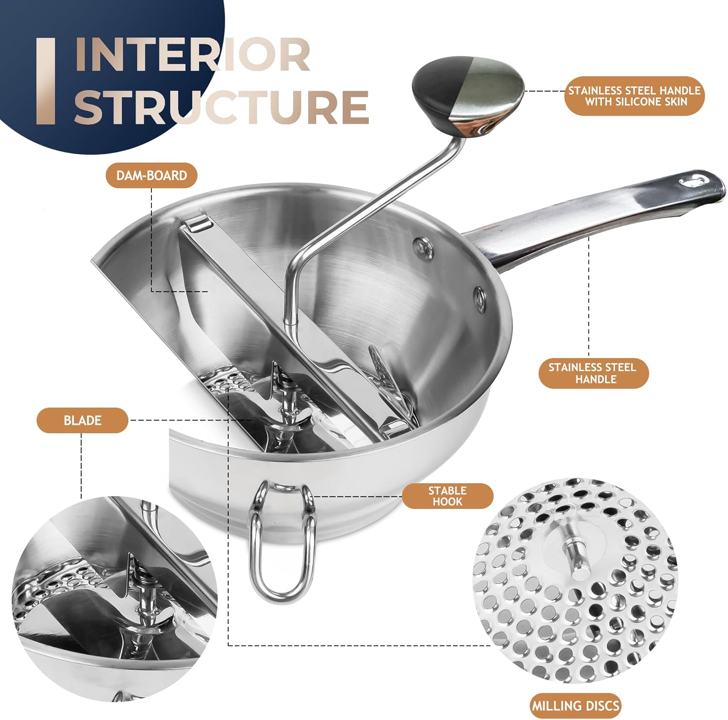 Stainless Steel Food Mills With 3 Milling Discs,Ergonomic design Of Rotary Food Mills For Tomato