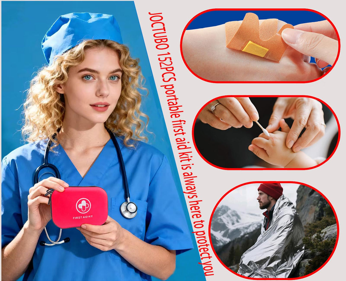 First Aid Kit 152 Piece Waterproof Hard Shell Portable Medical Kit, Red