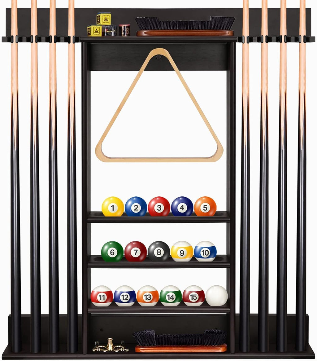 Pool Cue Rack Wall Mount,Cue Stick Holder,Wall Pool Stick Holder,Dark Brown | Holds 8 Cues and Full Set of Balls