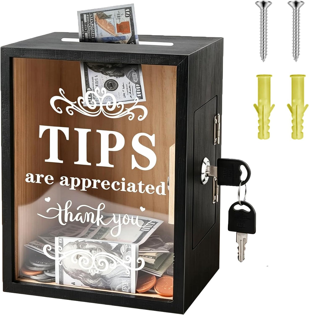 Wooden Tip Box with Lock & Slot - Secure Donation & Tips Jar for Business, Street Performers, Cafe, Hotel - Vendor