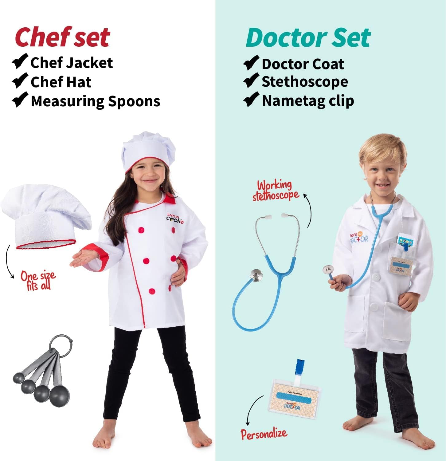 6-in-1 Toddler Dress Up Clothes for Boys & Girls Ages 3-7, Police, Firefighter, Doctor, Chef, Gardener & Explorer
