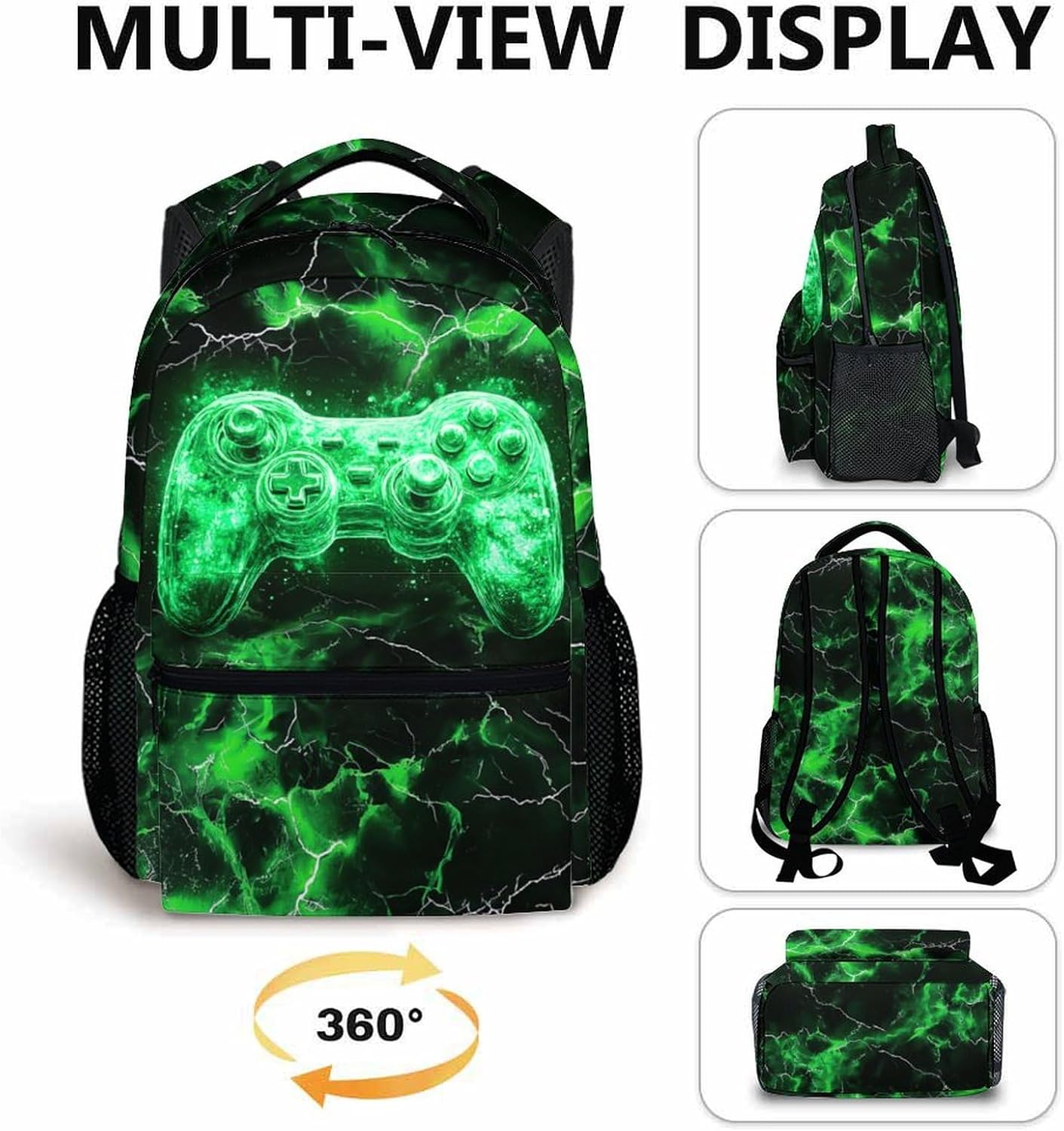 Kids Backpack, Cool Green Gamer Bookbag for Boys 6-8, Boys Gift for Birthday, 17 Inch Leisure Backpack for School