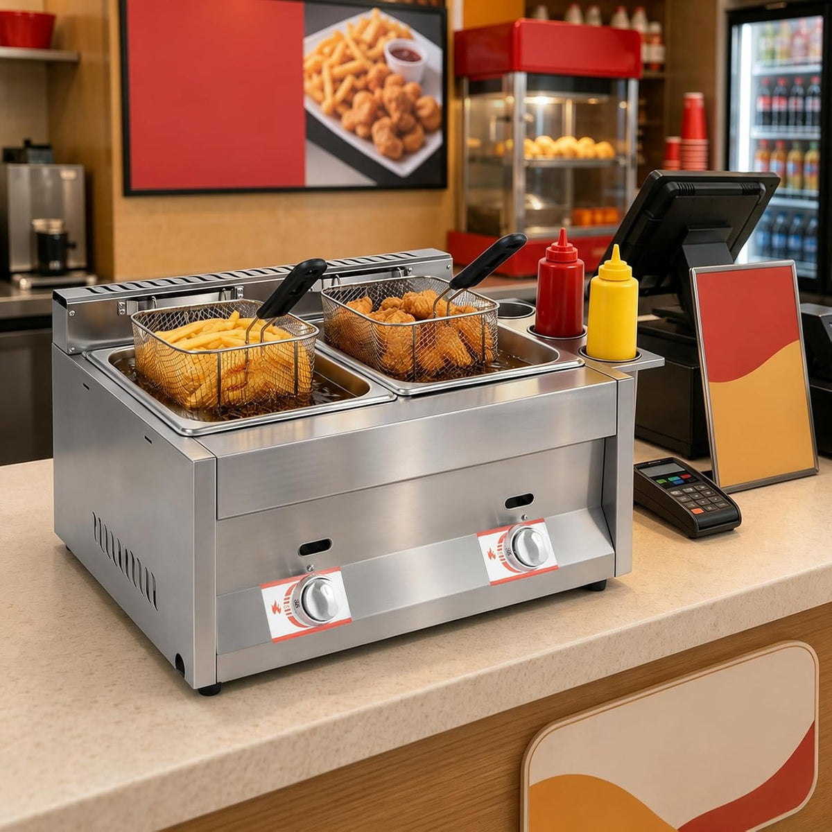 Dual 6.34Qt Tanks Countertop Gas Deep Fryer with 2 Baskets