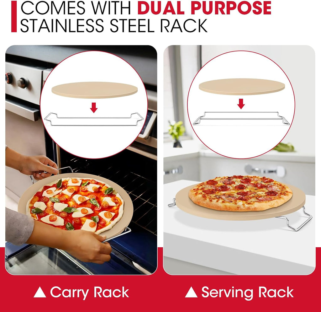 16 Inch Round Pizza Stone for Oven and Grill, Comes with Carry Rack