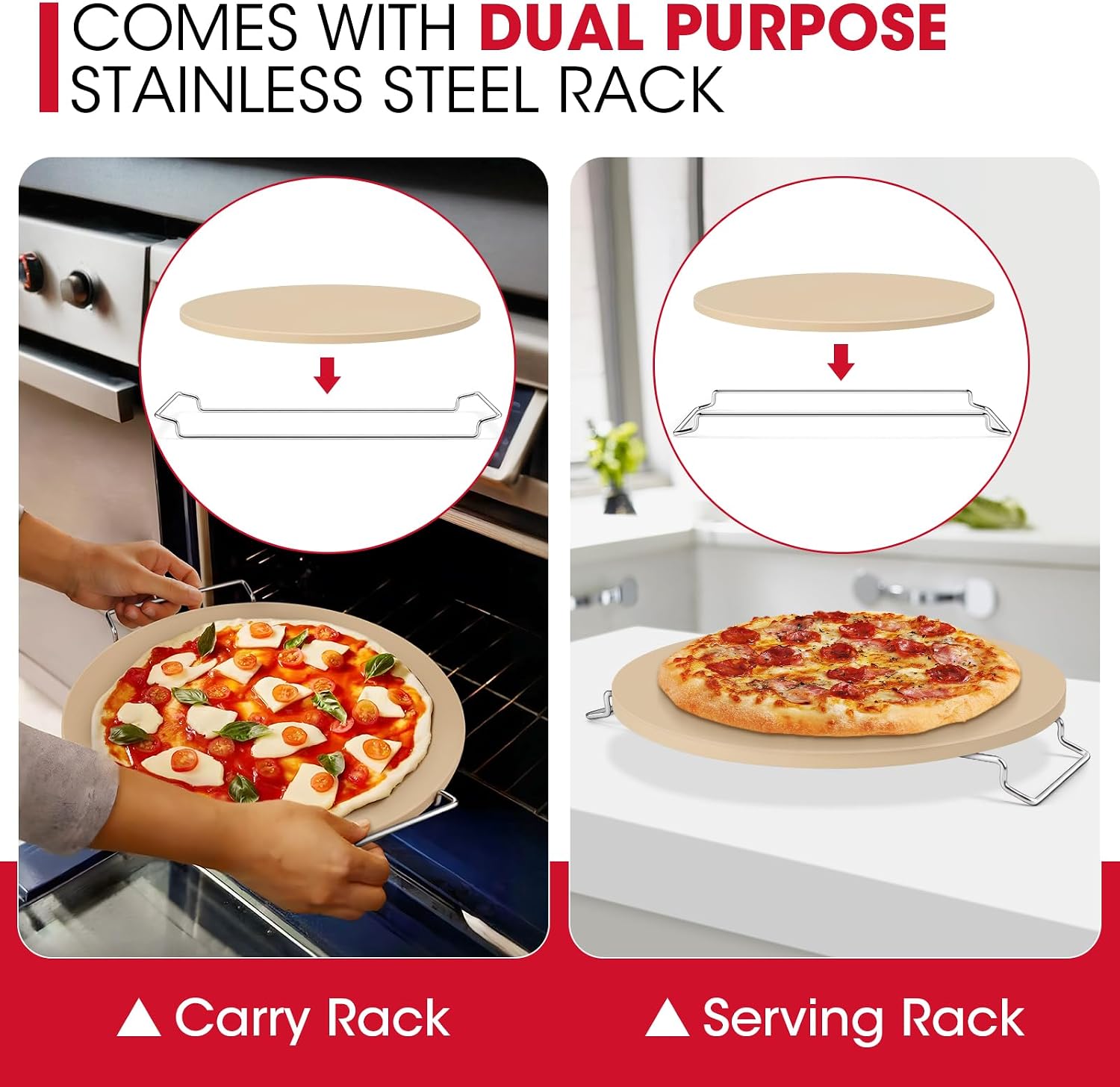 16 Inch Round Pizza Stone for Oven and Grill, Comes with Carry Rack