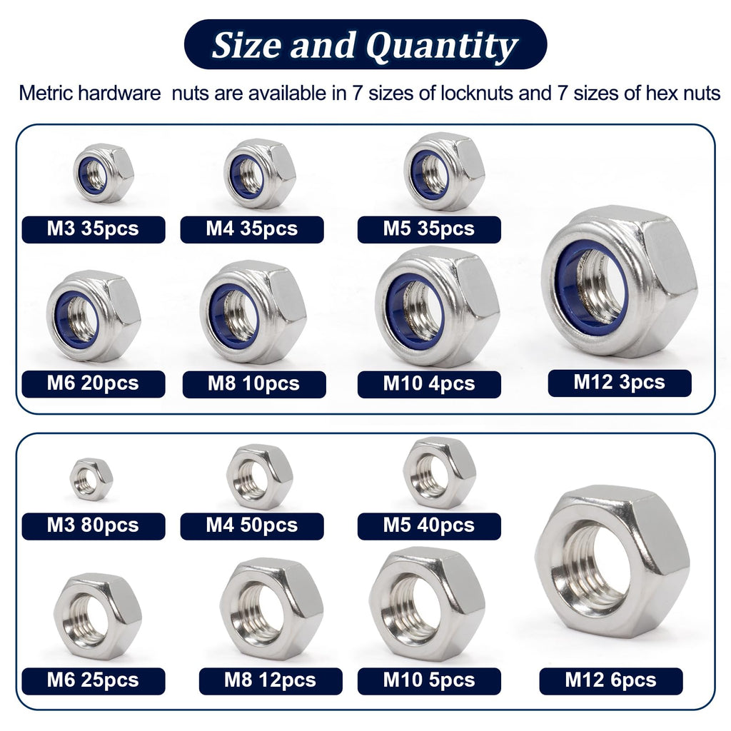 360Pcs Metric Hex Nut & Lock Nuts Assortment Kit (M3-M12) Hardware Nut