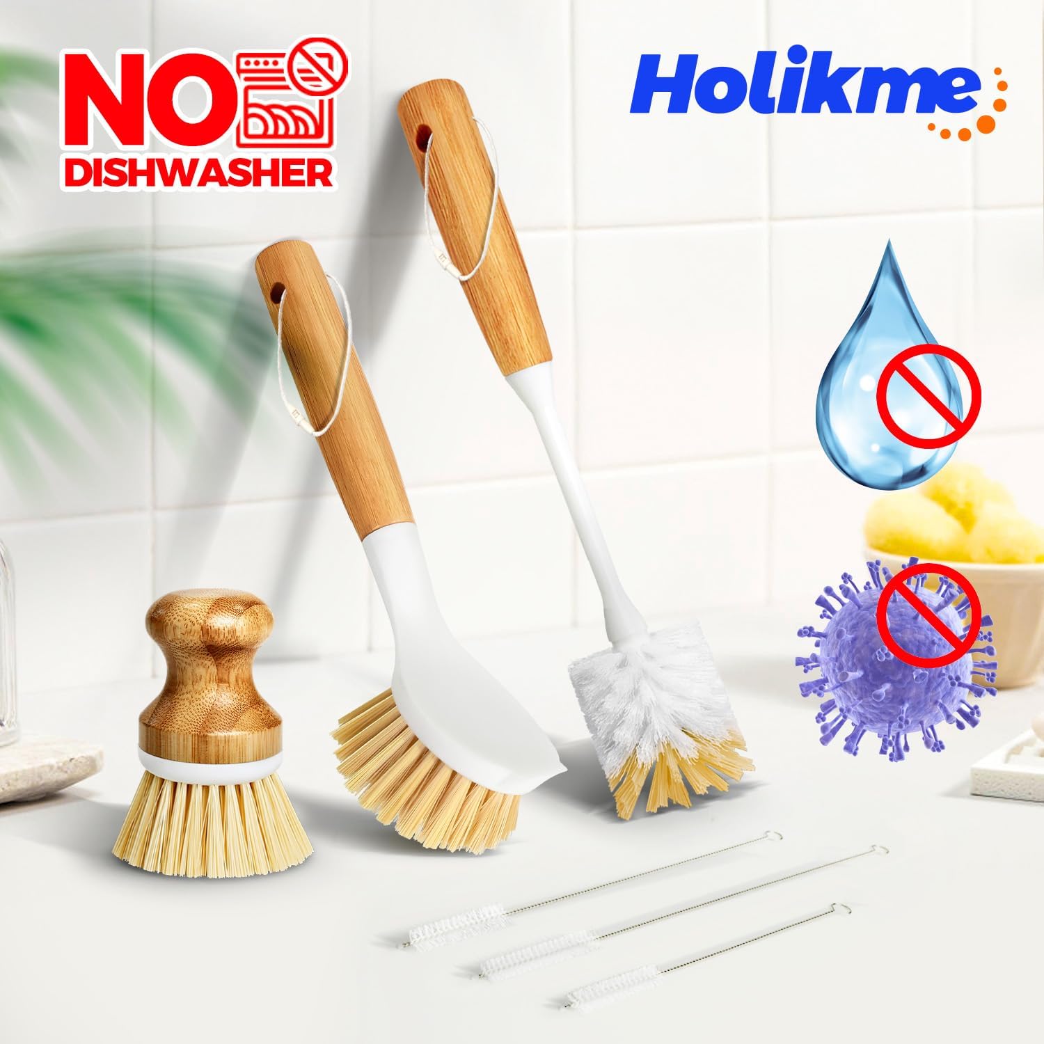 6 Pack Dish Brush Scouring Pad Set with Bottle Brush, Dish Brush, Palm Scrub Brush and Straw Brush, Dish Scrubber