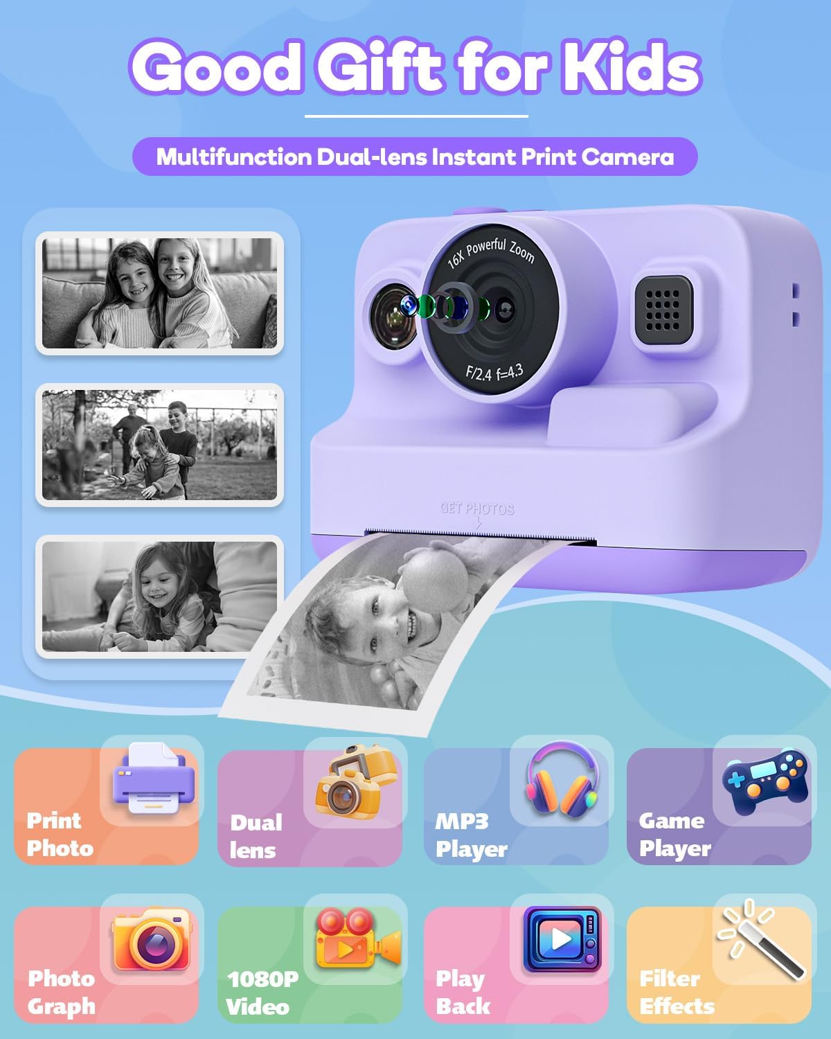 Instant Print Camera for Kids,2.4 Inch Screen Kids Instant Cameras, Christmas Birthday Gifts for Girls Age 3-12