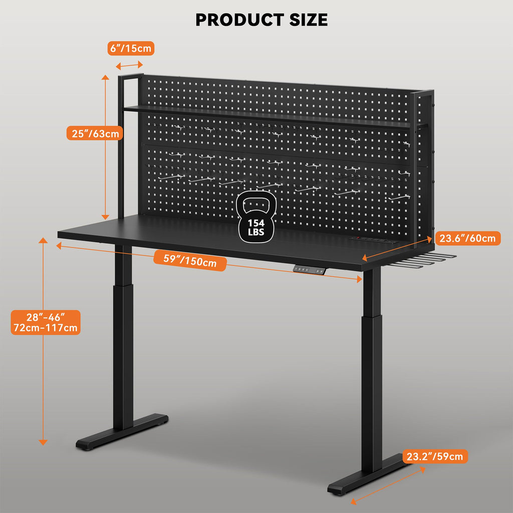 59"x24" Garage Work Bench Electric Height Adjustable with Pegboard