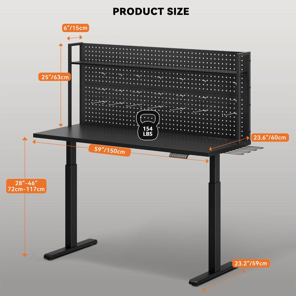 59"x24" Garage Work Bench Electric Height Adjustable with Pegboard