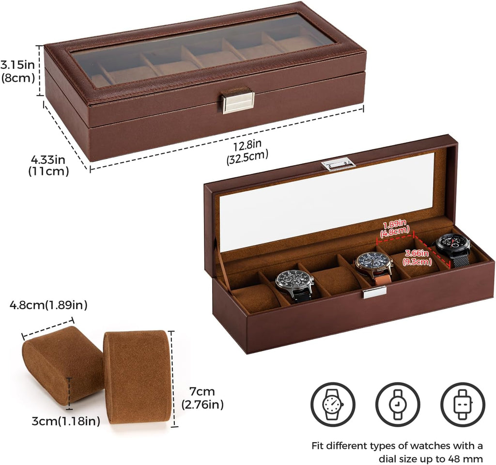 Watch Box, 6 Slot Mens Watch Display Case, Espresso | Watches Collection Storage Holder Organizer for Men Women