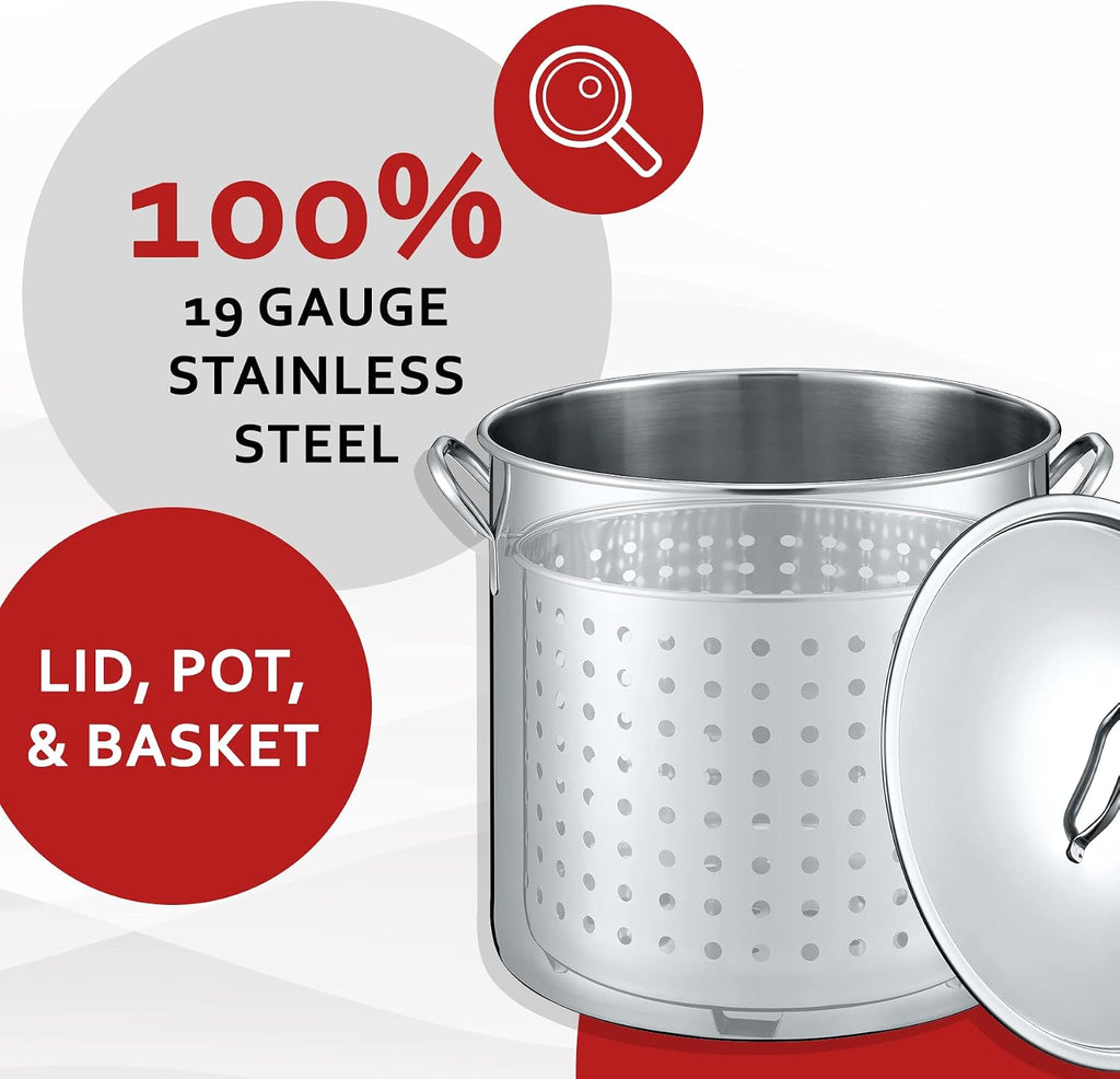 53 QT Stainless Steel Stock Pot w/Basket. Heavy Kettle. Cookware for Boiling
