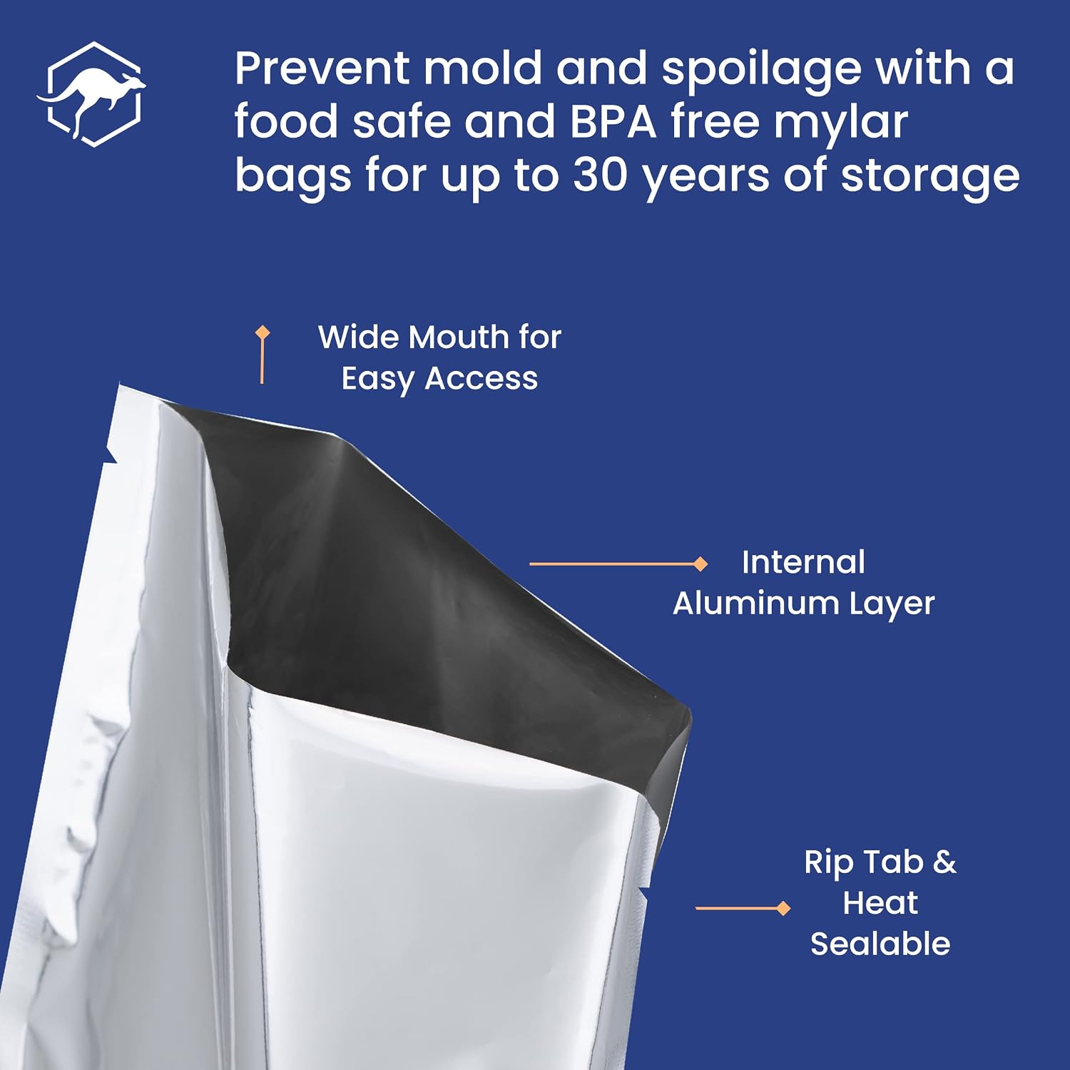 50 Count 1-Quart Mylar Bags with Labels, 5 Mil Total Thickness Long-Term Food Storage Pouches, 7x10 Heat-Sealable