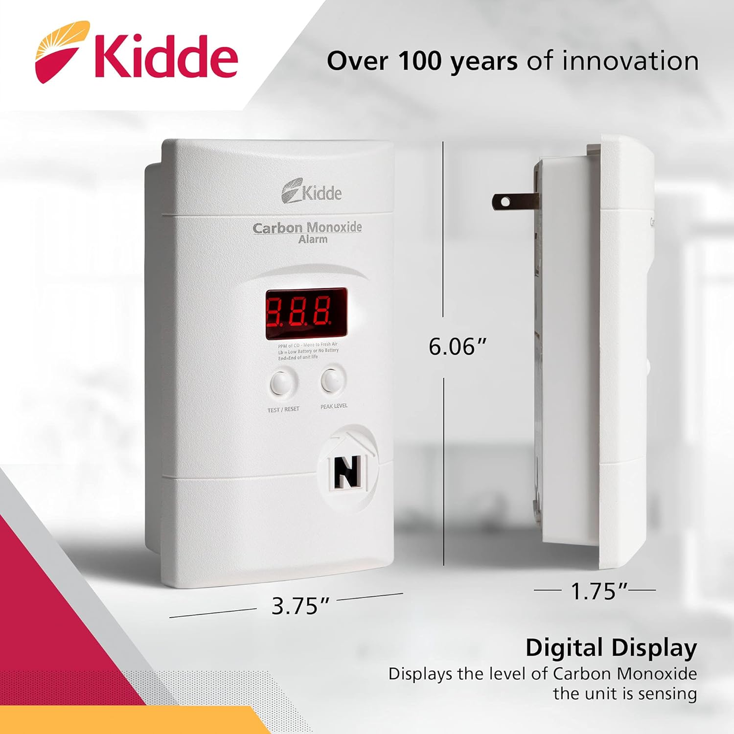 Carbon Monoxide Detector, Plug-In with 9V Battery Backup, Digital Display, 85 dB Alarm, LED Status Light Indicators