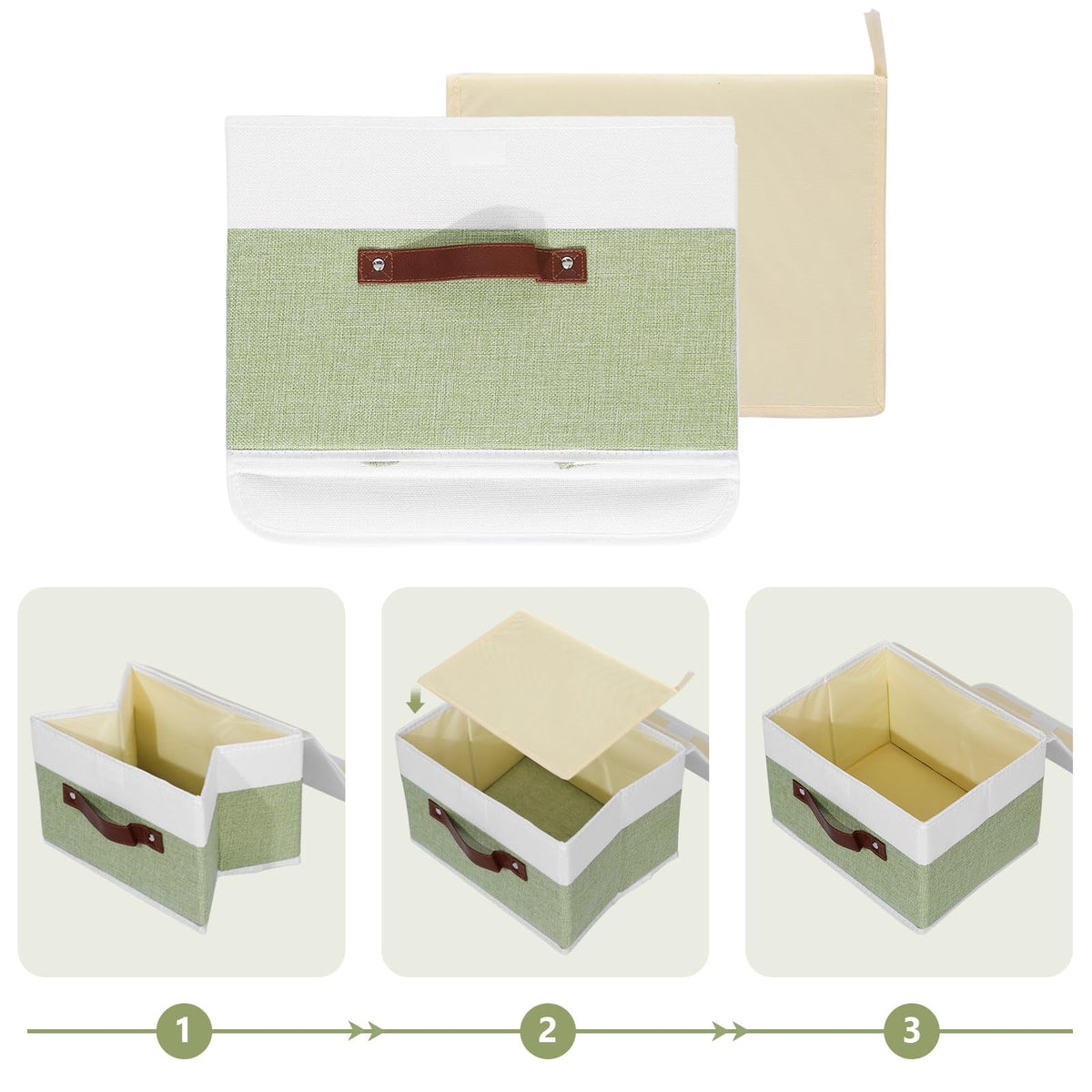 Fabric Storage Box Bins with Lids, Green White, 15"x10"x10"