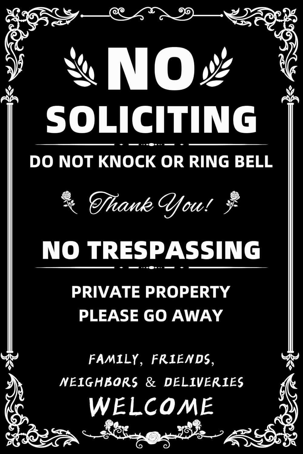 No Soliciting & No Trespassing Chic Metal Signs for Yard | Do Not Knock Or Ring Bell, Private Property, Indoor